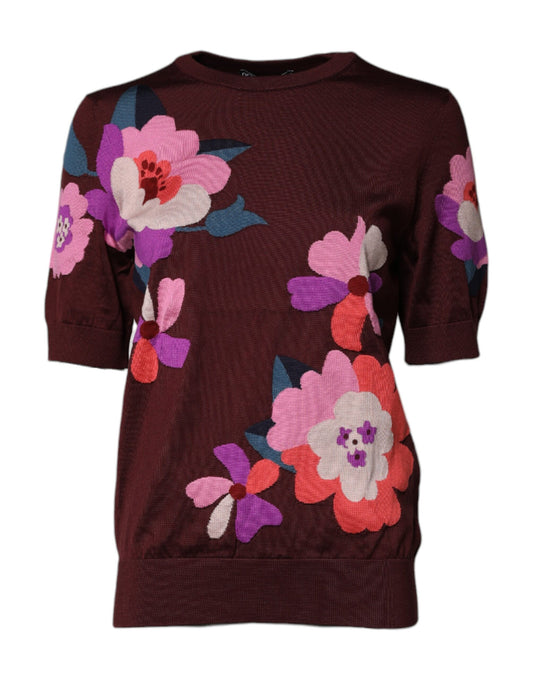 Dolce & Gabbana Maroon Floral Silk Crew Neck Blouse Top