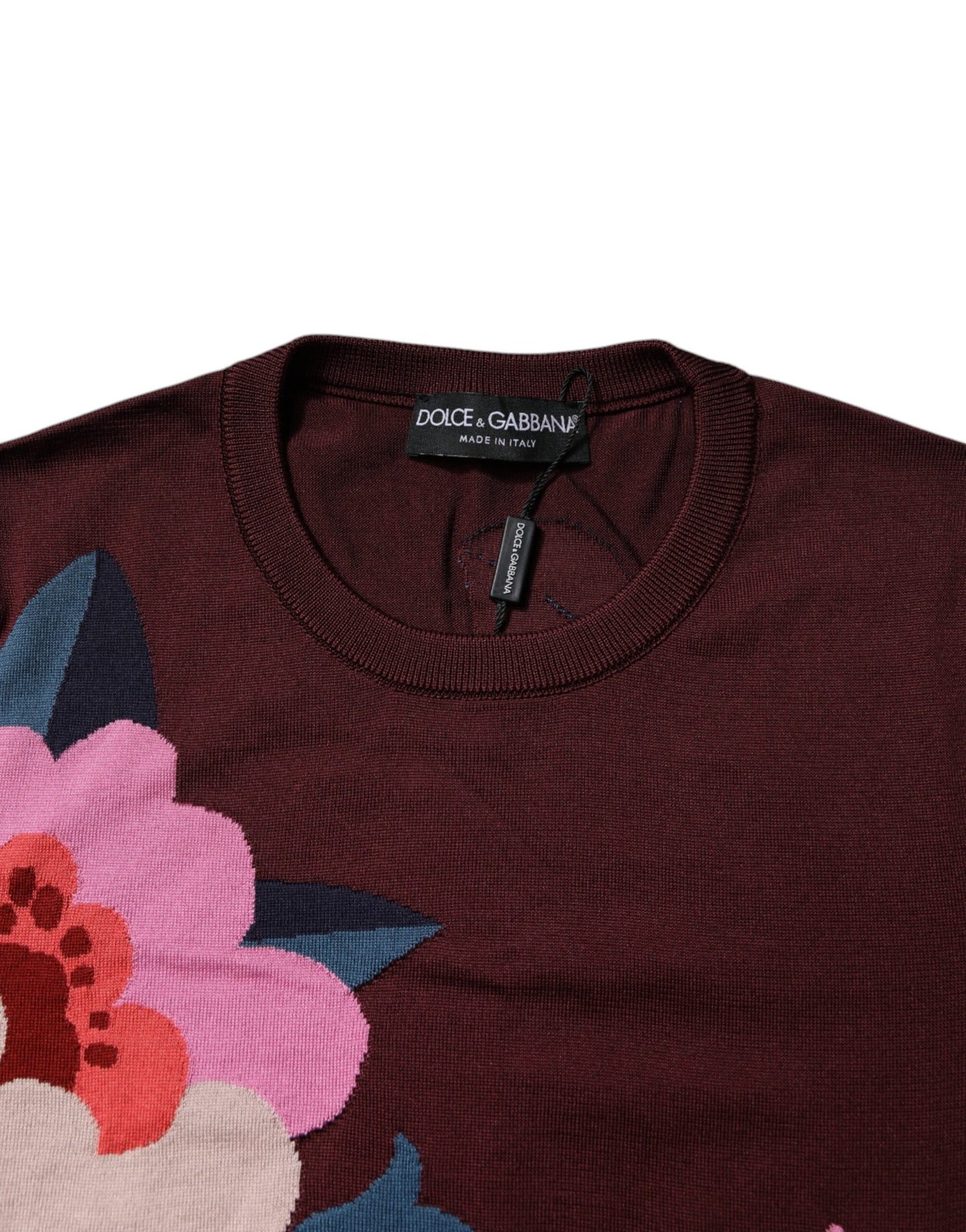 Dolce & Gabbana Maroon Floral Silk Crew Neck Blouse Top