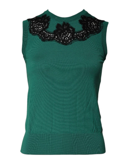 Dolce & Gabbana Green Wool Lace Detail Sleeveless Tank Top