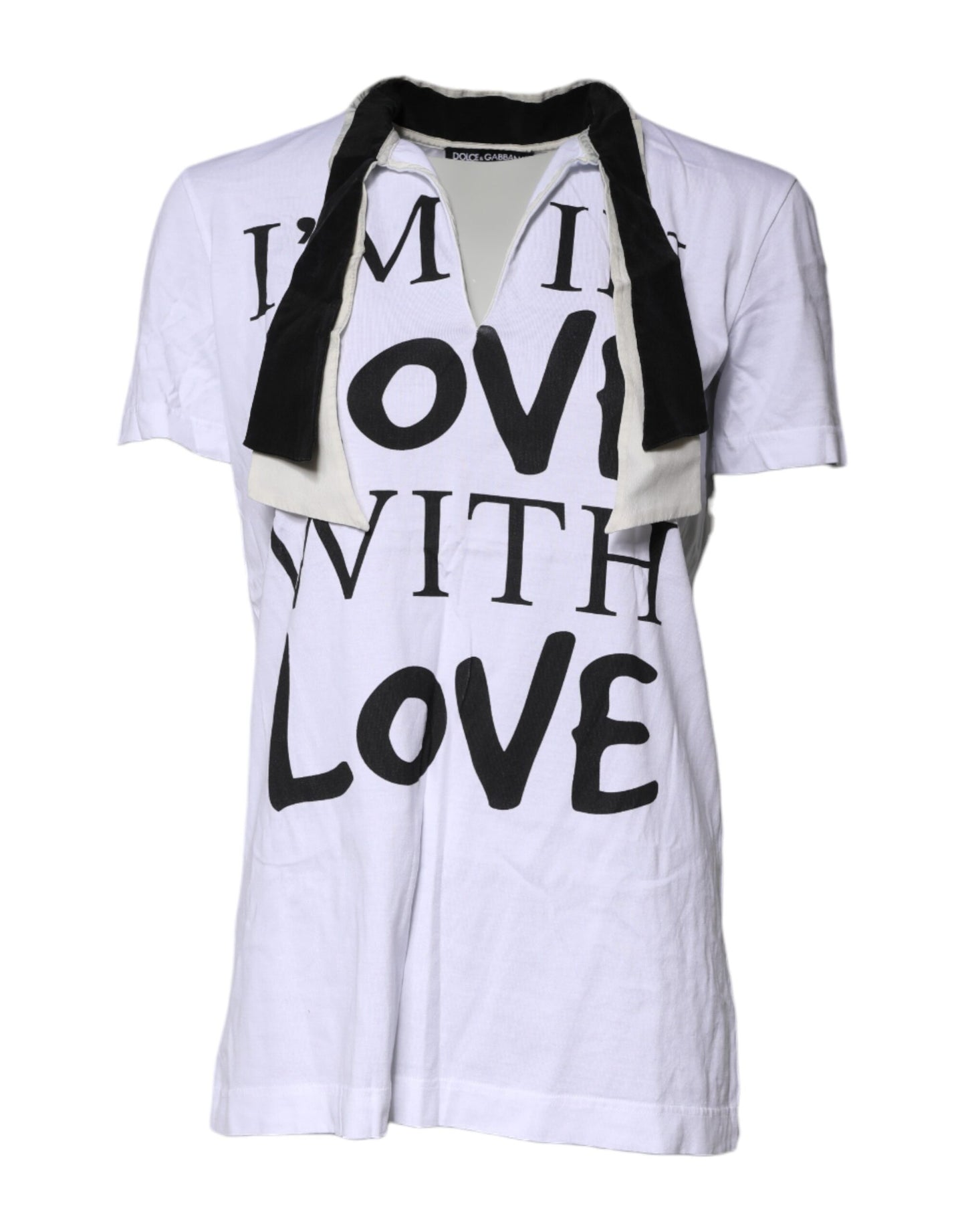 Dolce & Gabbana White Cotton Silk Blend Ascot Collar T-shirt