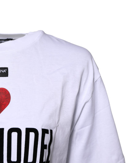 Dolce & Gabbana White Printed Round Neck Top Cotton T-shirt