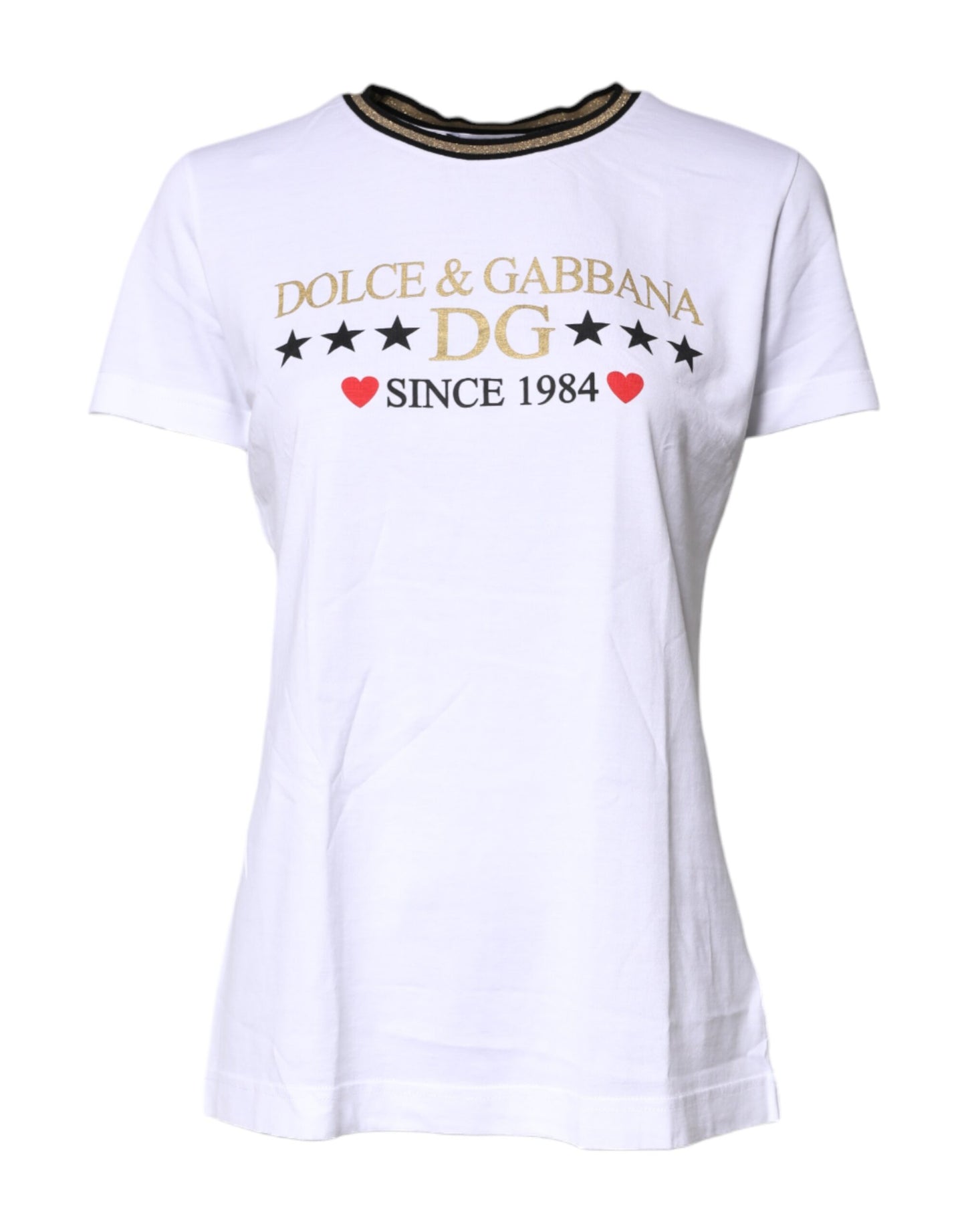 Dolce & Gabbana White Printed Round Neck Top Cotton T-shirt