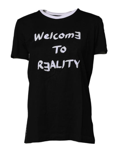 Dolce & Gabbana Black Printed Round Neck Top Cotton T-shirt