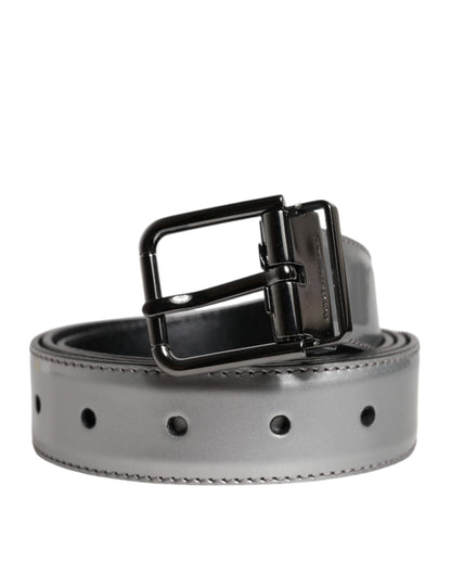 Dolce & Gabbana Silver Leather Classic Metal Logo Buckle Belt