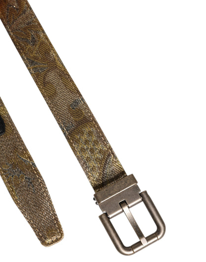 Dolce & Gabbana Gold Leather Jacquard Silver Metal Buckle Belt