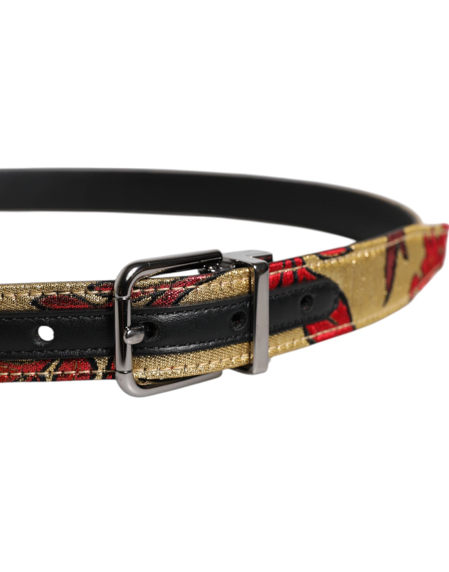 Dolce & Gabbana Gold Floral Jacquard Leather Metal Buckle Belt