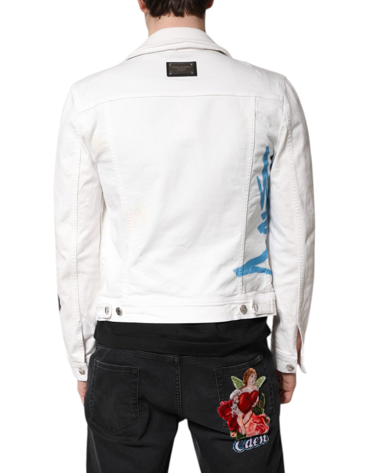 Dolce & Gabbana White Graffiti Cotton Stretch Denim Jacket