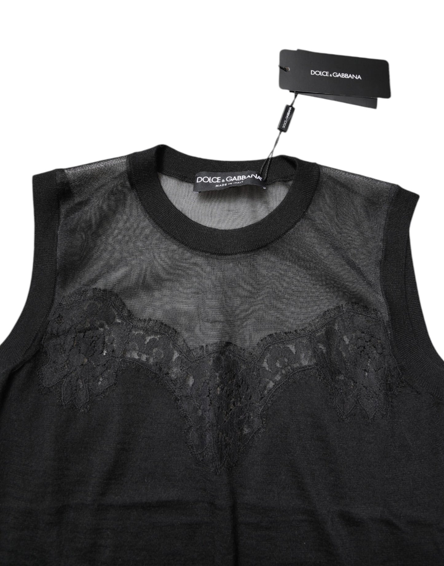 Dolce & Gabbana Black Lace Sheer Crew Neck Sleeveless Top