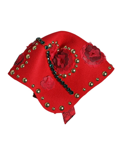 Dolce & Gabbana Red Crystal Gold Roses Brooch Embellished Hat