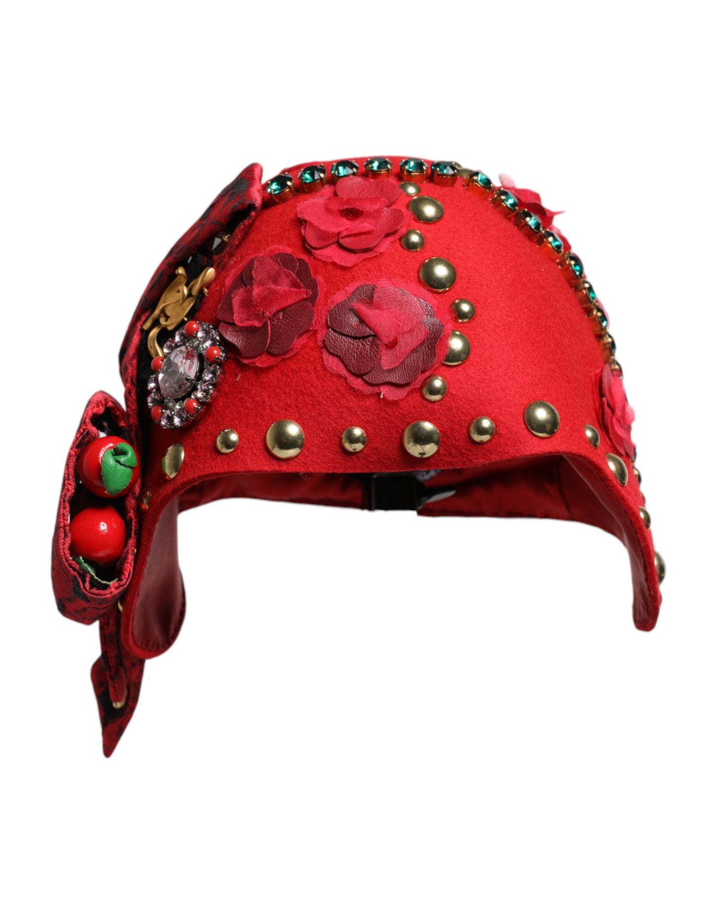 Dolce & Gabbana Red Crystal Gold Roses Brooch Embellished Hat