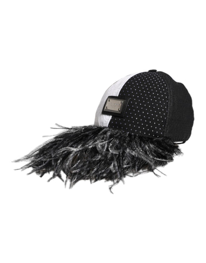 Dolce & Gabbana White Black Polka Dot Feathers Baseball Cap
