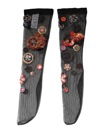 Dolce & Gabbana Black Stretch Carretto Crystal Stockings Socks
