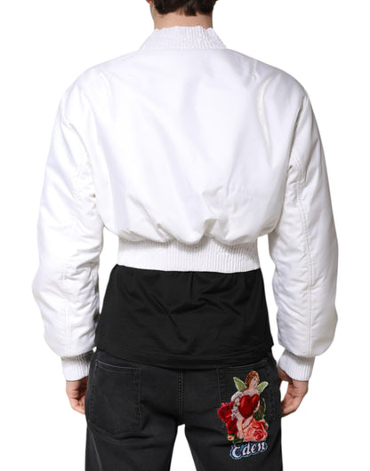 Dolce & Gabbana White Nylon Full Zip Cropped Bomber Jacket