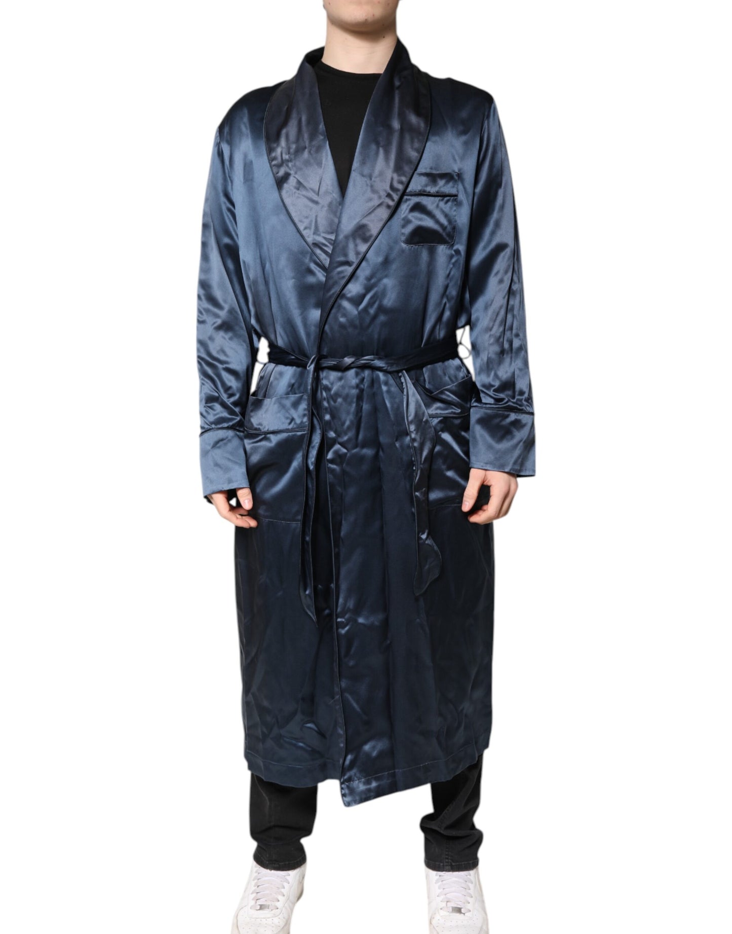 Dolce & Gabbana Blue Solid Silk Men Wrap Robe Coat Jacket