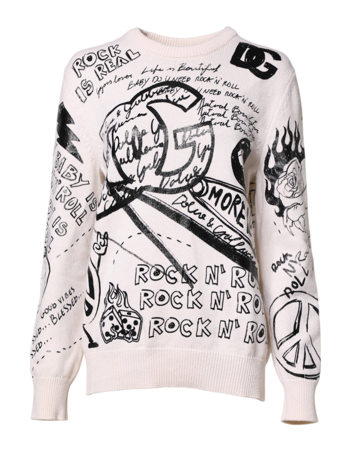 Dolce & Gabbana White Black Logo Print Women Pullover Sweater