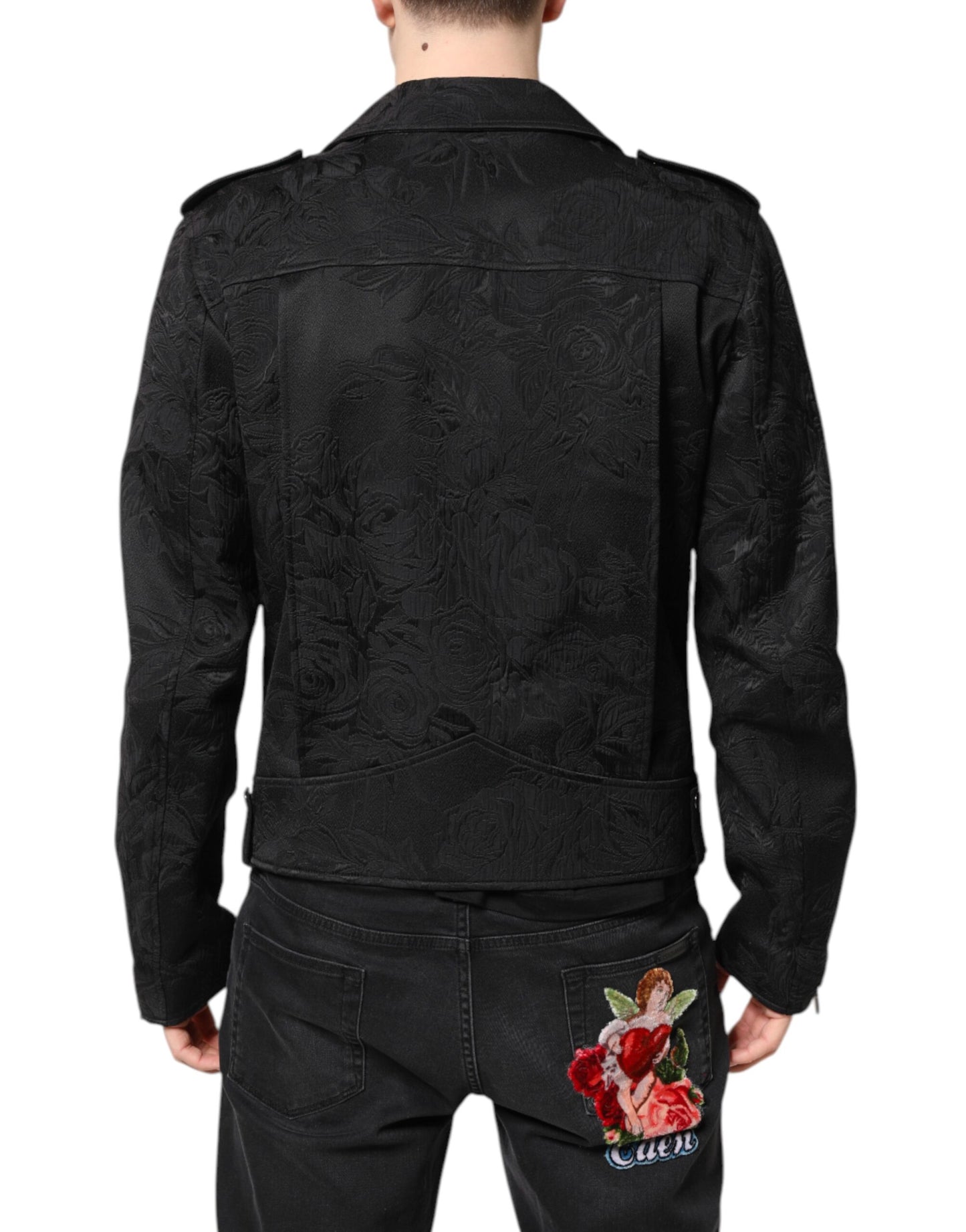 Dolce & Gabbana Black Brocade Cotton Full Zip Biker Jacket