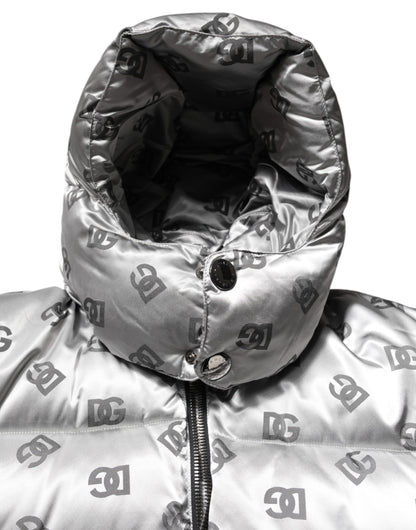 Dolce & Gabbana Silver Logo Full Zip Hooded Quilted Jacket