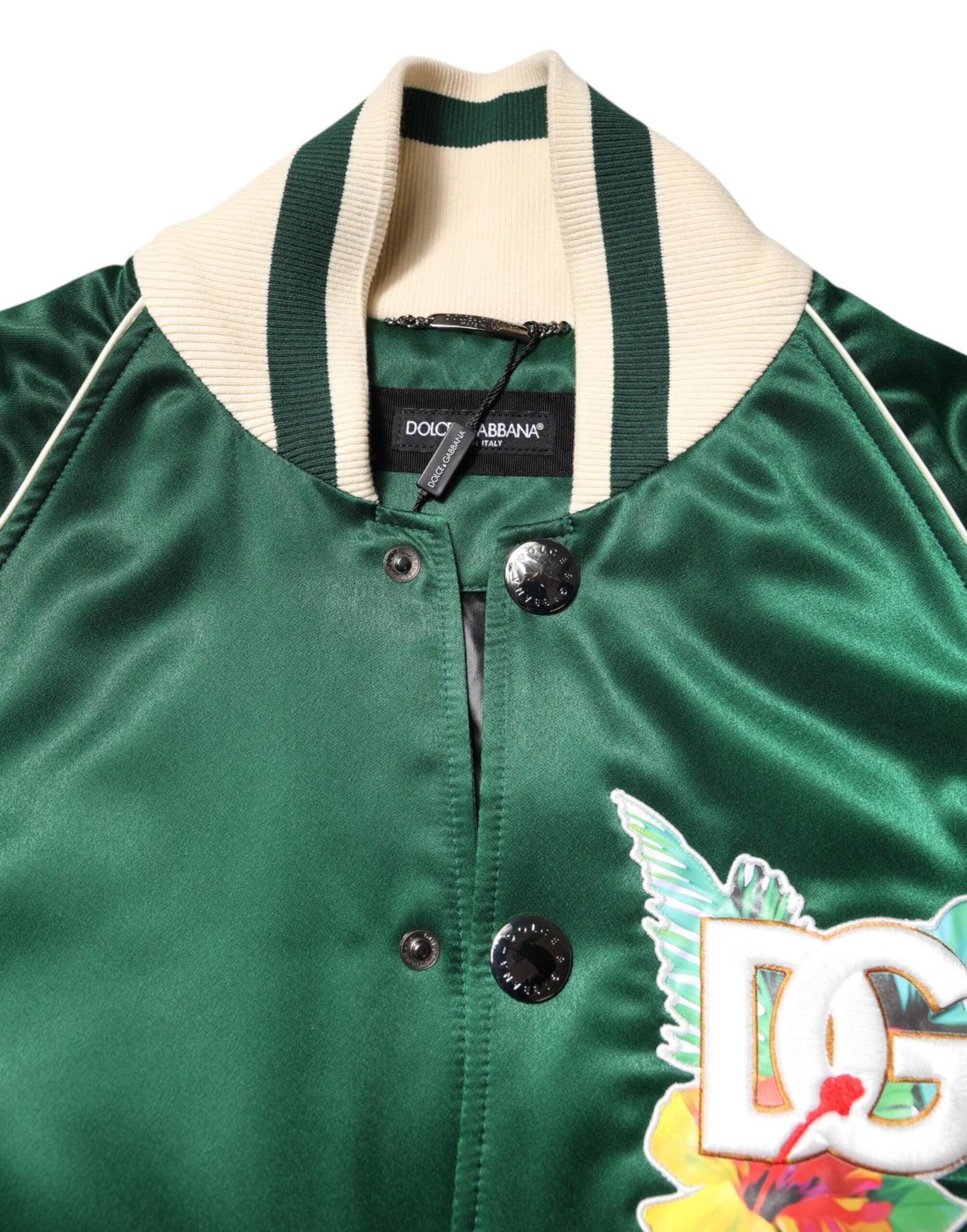Dolce & Gabbana Green Floral DG Logo Full Zip Bomber Jacket