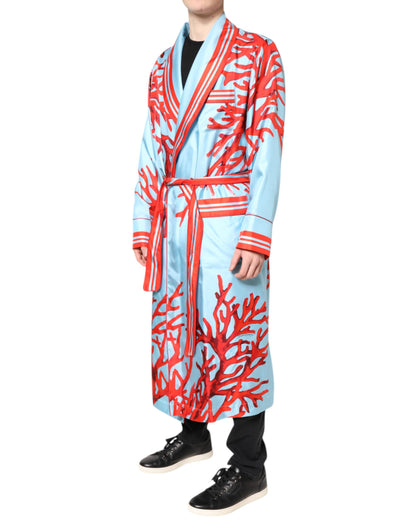Dolce & Gabbana Blue Red Coral Print Wrap Robe Coat Jacket
