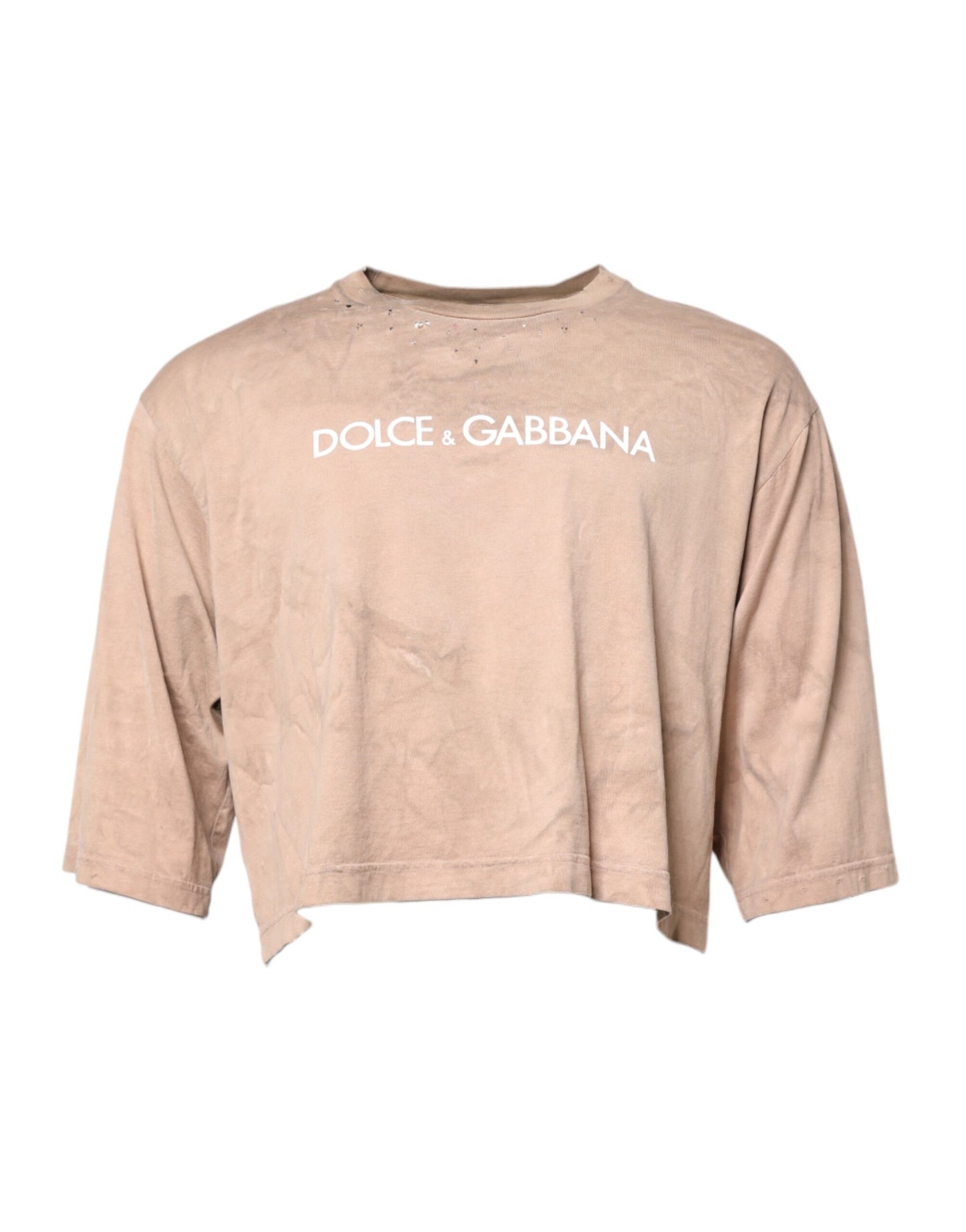Dolce & Gabbana Beige Tie Dye Logo Print Cropped T-shirt