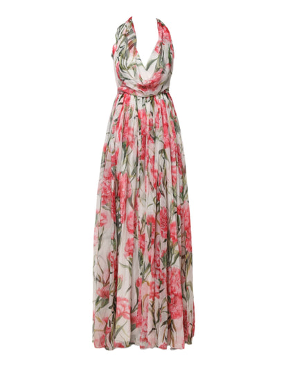 Dolce & Gabbana White Floral Silk Halter A-line Maxi Dress