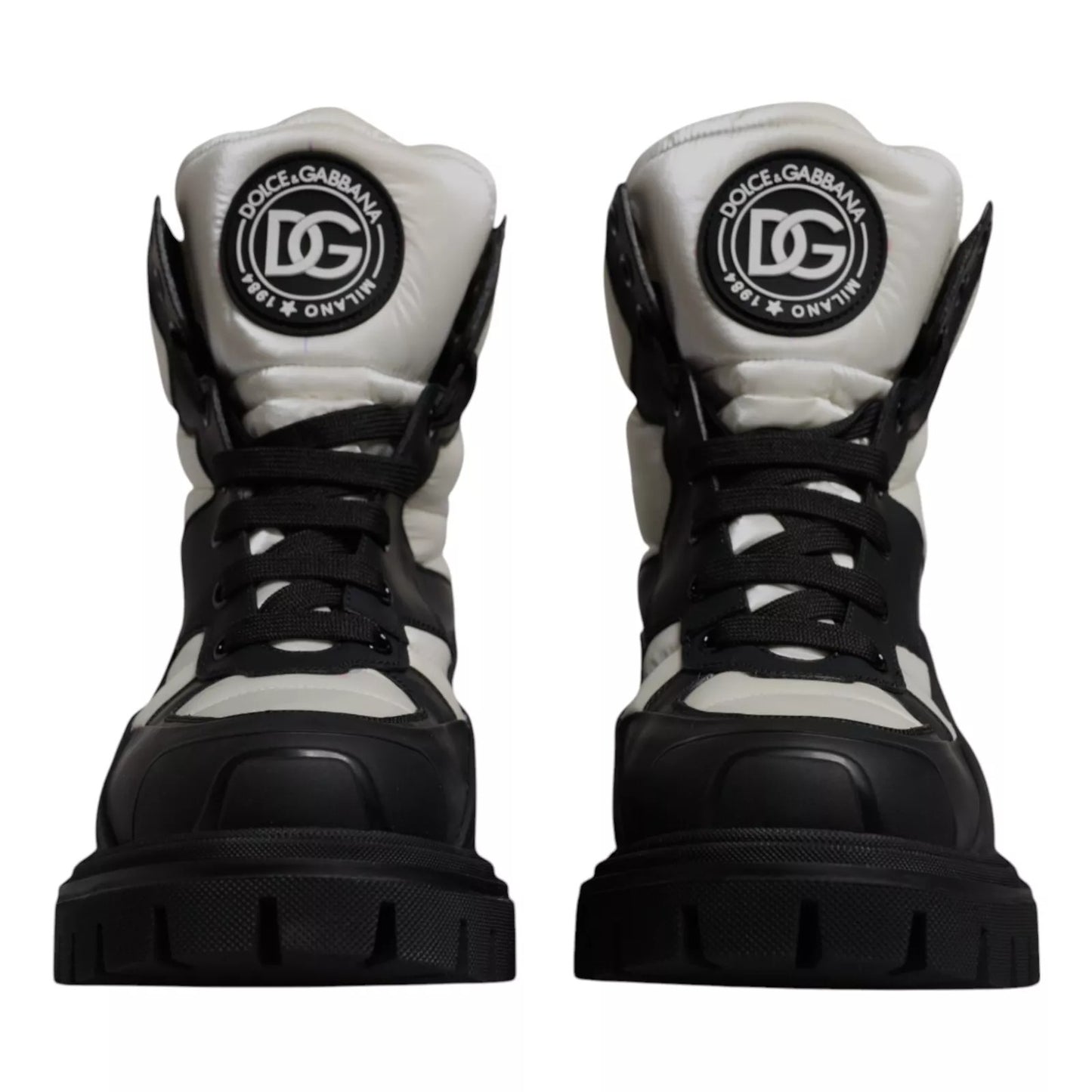 Dolce & Gabbana Black White Padded Mid Calf Lace Up Boots Shoes