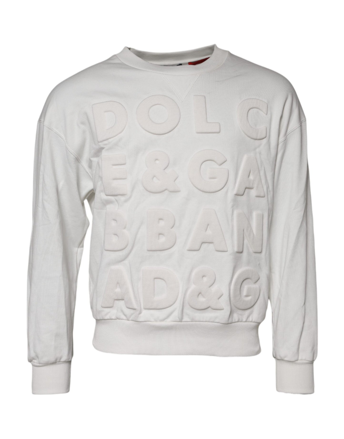 Dolce & Gabbana White Embossed Logo Cotton Crew Neck Sweater