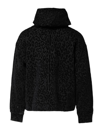 Dolce & Gabbana Black Leopard Full Zip Hooded Sweatshirt Sweater