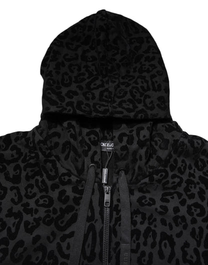 Dolce & Gabbana Black Leopard Full Zip Hooded Sweatshirt Sweater