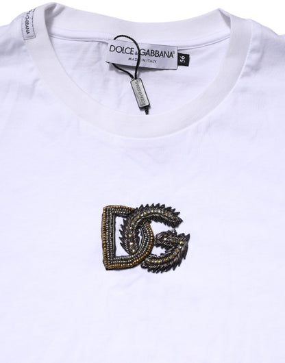 Dolce & Gabbana White Logo Embroidery Crew Neck T-shirt