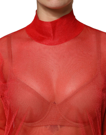 Dolce & Gabbana Red Tulle Turtleneck Long Sleeve Blouse Top