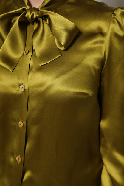 Dolce & Gabbana Green Ascot Collar Long Sleeves Blouse Top