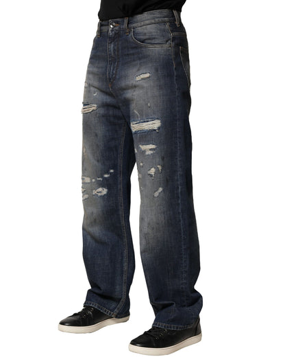 Dolce & Gabbana Blue Washed Tattered Cotton Men Jeans