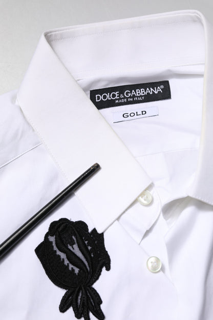Dolce & Gabbana White Floral Embroidery Men GOLD Formal Shirt