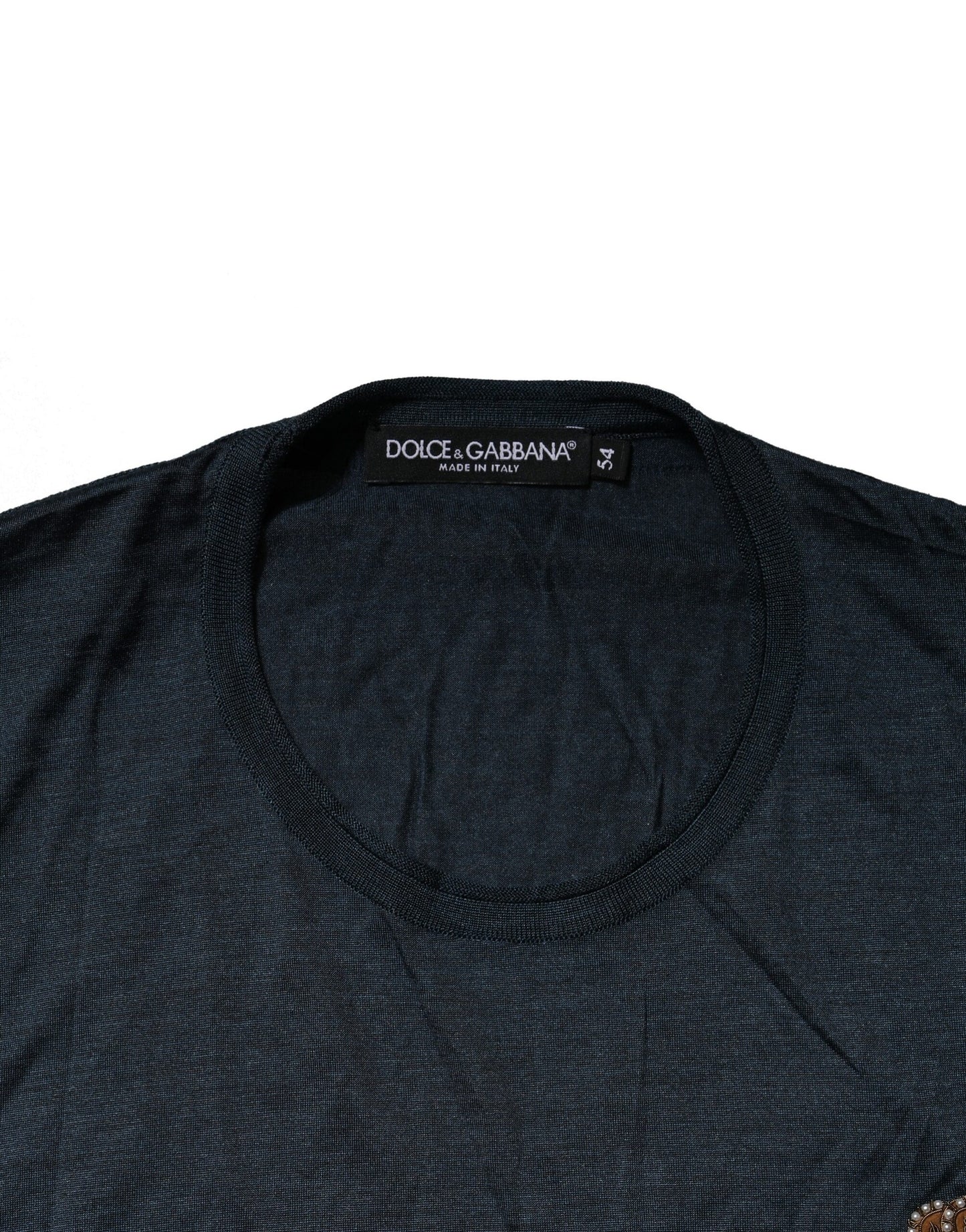 Dolce & Gabbana Dark Blue Silk Logo Patch Crew Neck T-shirt