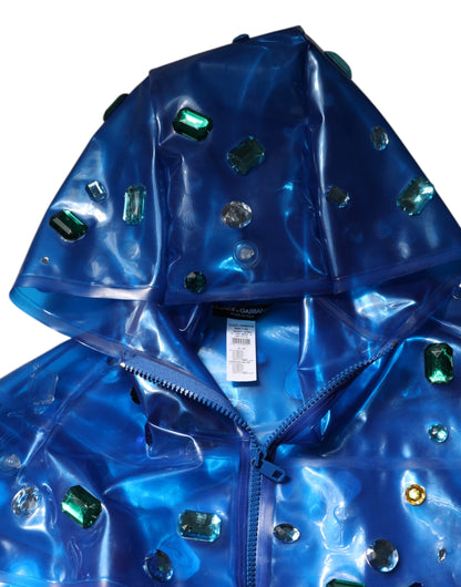 Dolce & Gabbana Blue Crystal Hooded Raincoat Jacket