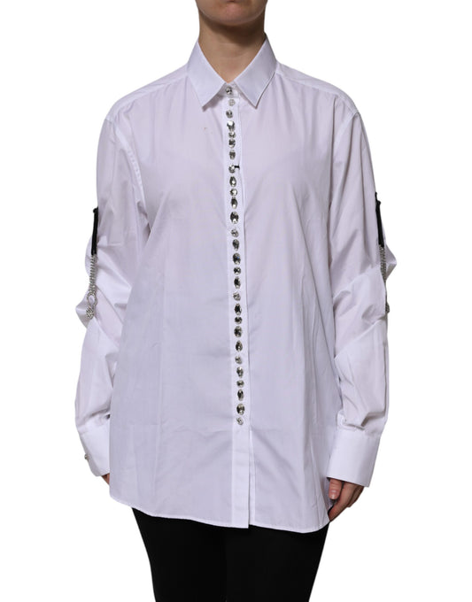 Dolce & Gabbana White Rhinestone Embellish Long Sleeves Top
