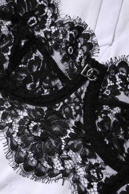 Dolce & Gabbana White Lace Cotton V-Neck Short Sleeves Top