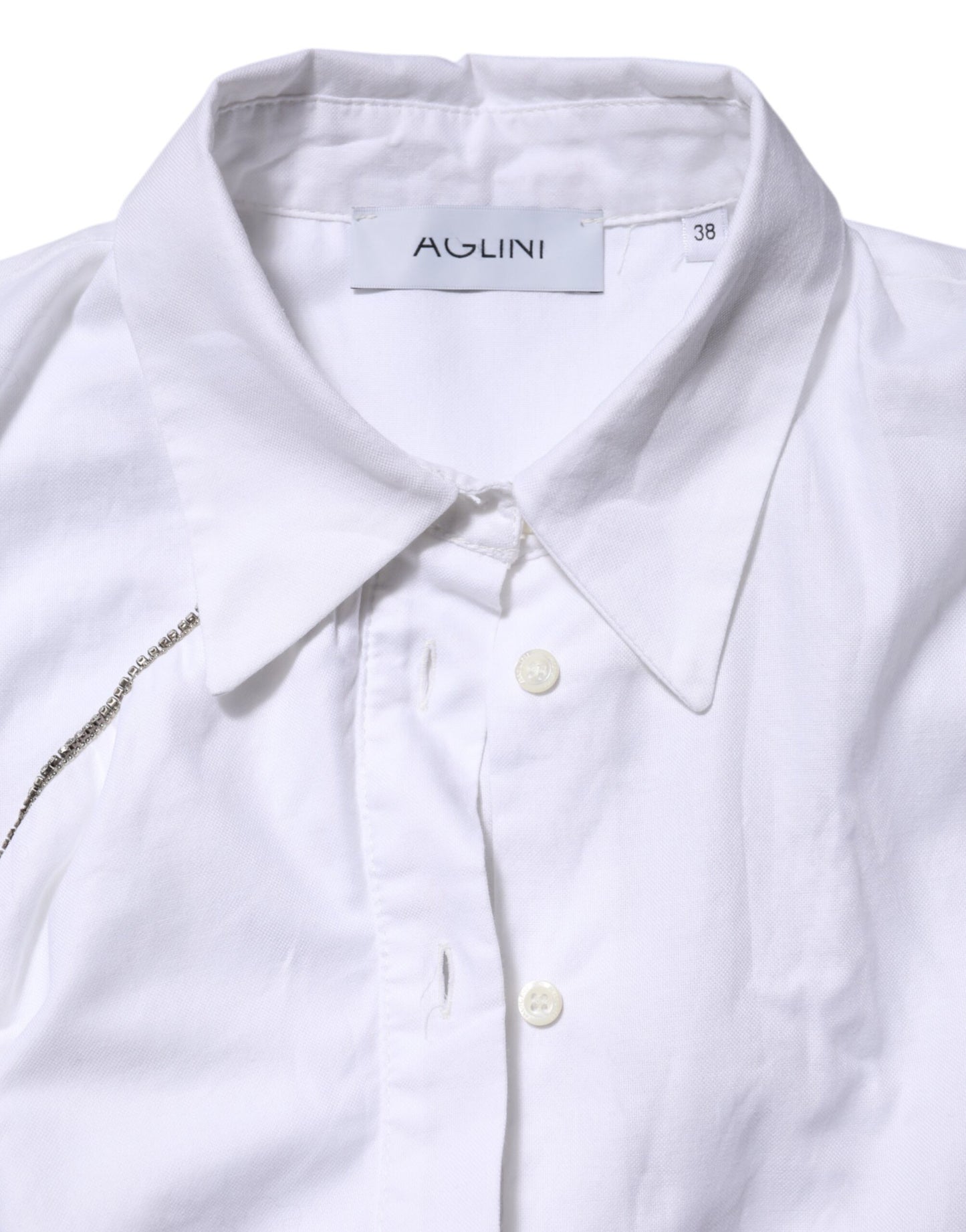 AGLINI White Cotton Collared Long Sleeves Ruffle Top Shirt