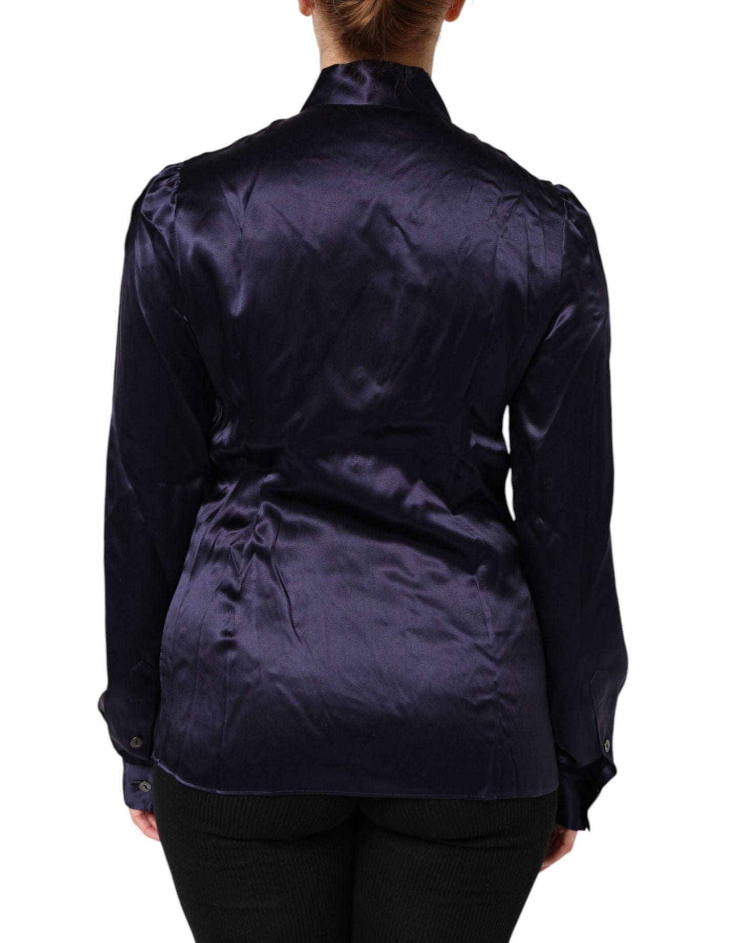 Dolce & Gabbana Dark Purple Silk Ascot Collared Blouse Top