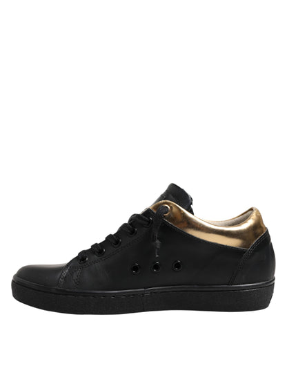 Leather Crown Black Gold Lace Up Low Top Women Sneakers Shoes