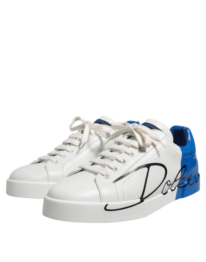 Dolce & Gabbana White Blue Low Top Leather Sneakers Shoes