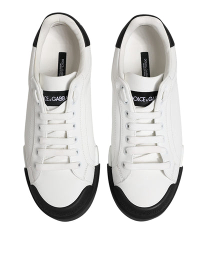 Dolce & Gabbana White Black Logo Leather Lace Up Sneakers Shoes