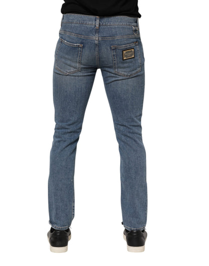 Dolce & Gabbana Blue Cotton Tattered Skinny Logo Denim Jeans