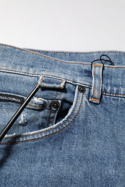 Dolce & Gabbana Blue Cotton Tattered Skinny Logo Denim Jeans
