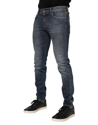 Dolce & Gabbana Blue Washed Skinny Logo Plaque Men Denim Jeans
