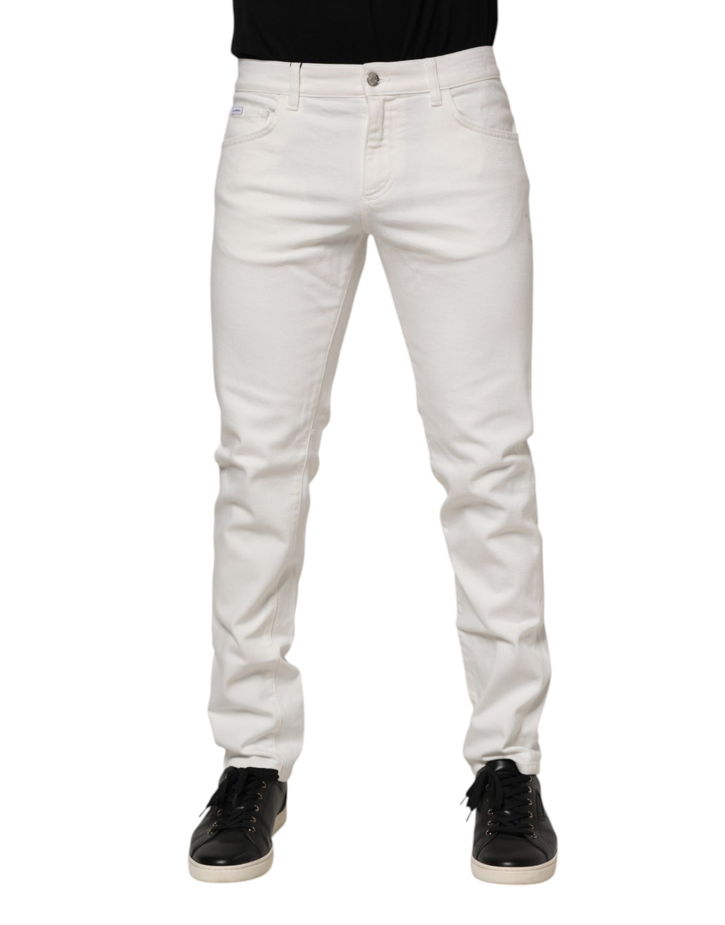 Dolce & Gabbana White Cotton Logo Plaque Slim Fit Denim Jeans