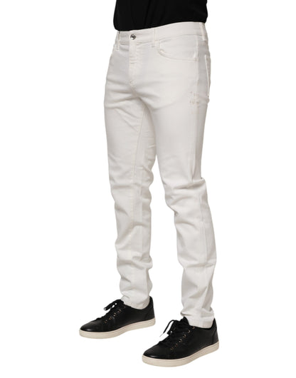 Dolce & Gabbana White Cotton Logo Plaque Slim Fit Denim Jeans