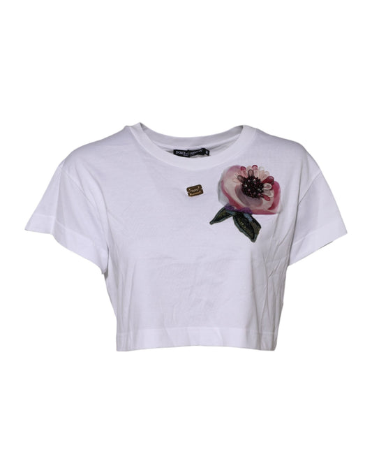 Dolce & Gabbana White Floral Lace DG Detailing Cropped T-shirt