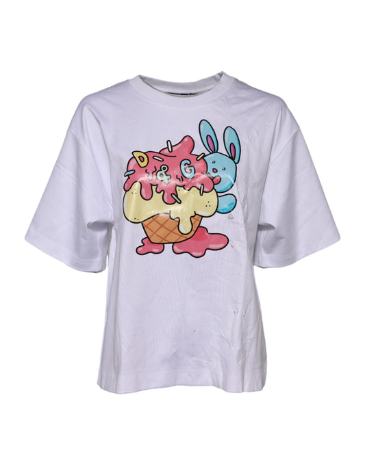Dolce & Gabbana White Cotton Graphic Print Crew Neck T-shirt